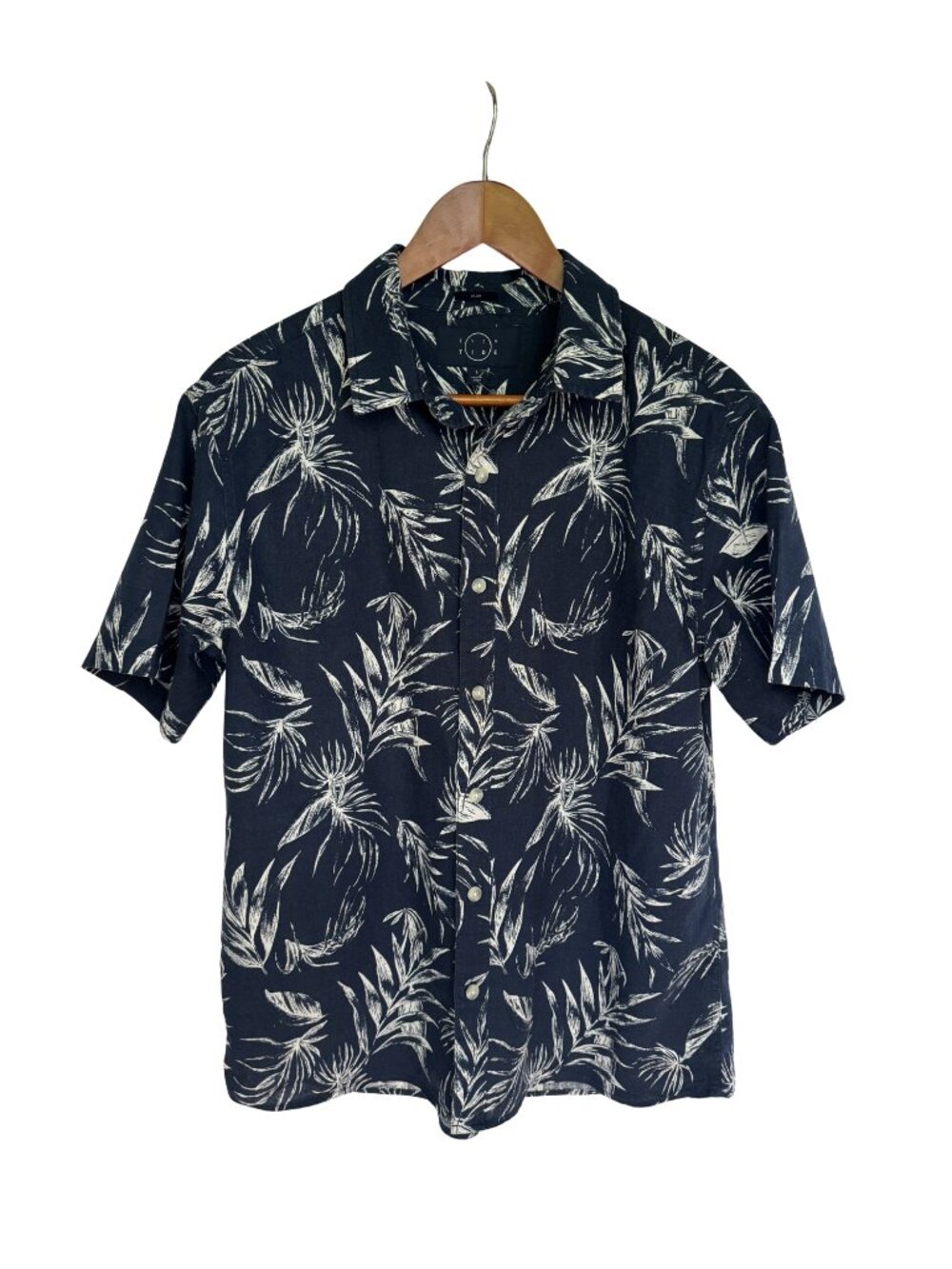 Even Tide Men's Navy Linen and Leaf Button Down - Size L